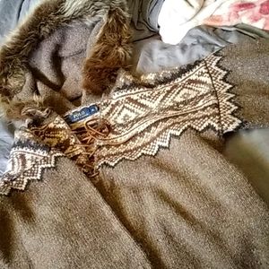 RL WOOL,ALPACA REAL FUR lamb shearling TRIMMED HOODIE SWEATER,XL,no issues,as is